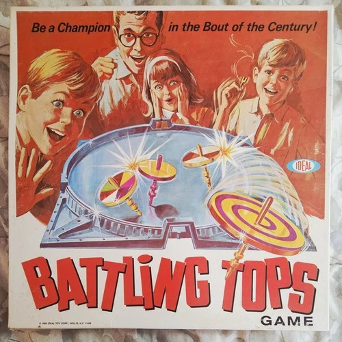 BATTLING TOPS VINTAGE 1968 IDEAL FAMILY BOARD GAME - 6 TOPS, 4 PULLERS & 3 PEGS