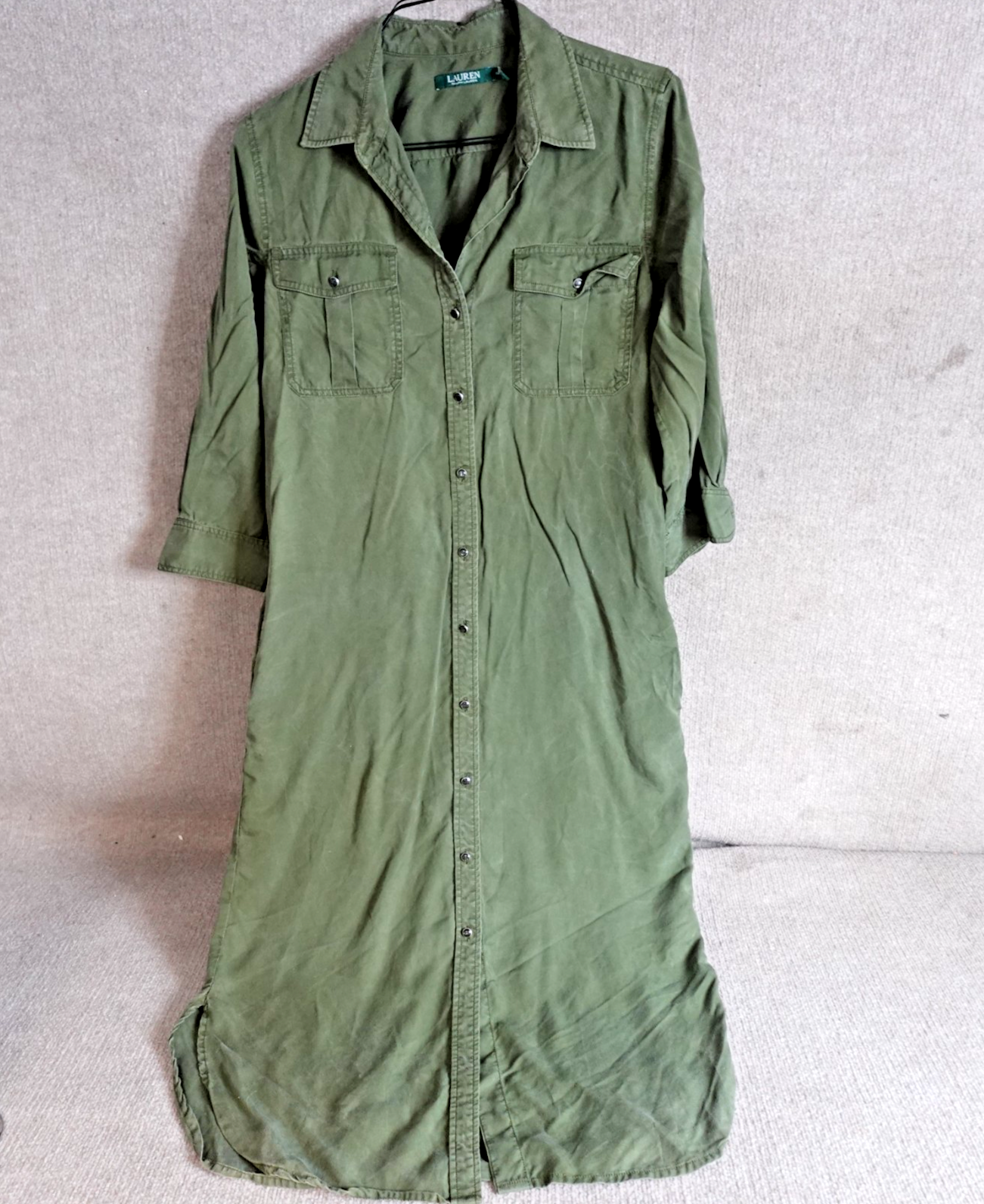 Lauren Ralph Laure Womens Dress 12 Green Olive 3/4 Sleeves Shirt
