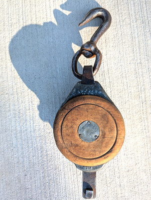 WI Barn Antique 19.5'' ''BOSTON & LOCKPORT BLOCK'' Iron & Wood Pulley Block Tackle