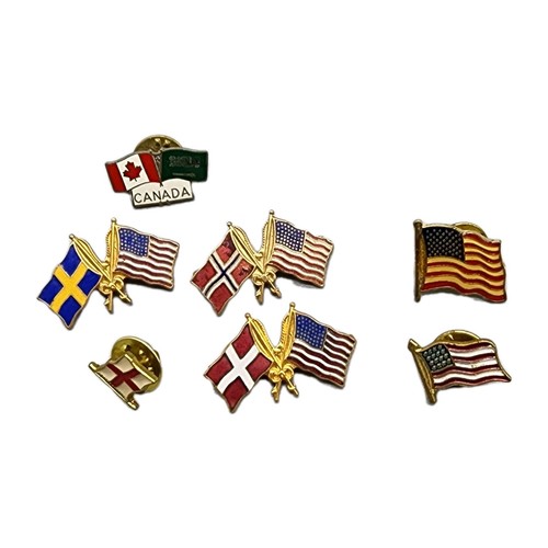 Lot of 8 International Flag Lapel Pins USA Canada Sweden Norway Denmark England