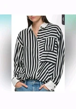 Karl Lagerfeld Paris Women Black & White Stripe Button Blouse Size L
