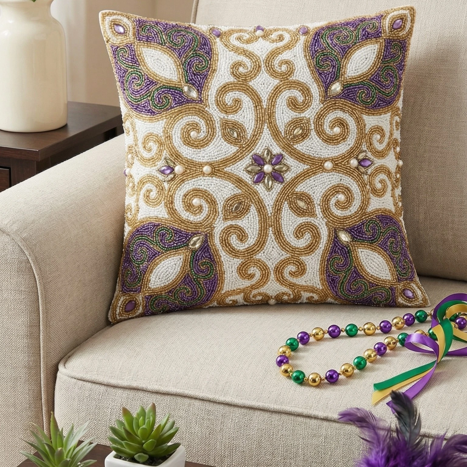 Mardi Gras Beaded Throw Pillow Cover Gold Purple Green Festive Cushion 16x16
Opens in a new window o