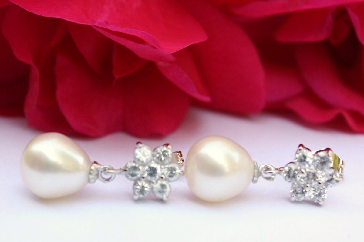 Boucles D'oreilles Pendantes Avec Vraies Perles D'eau Douce Et Zircon - Argent 925, Style Créoles, Neuves