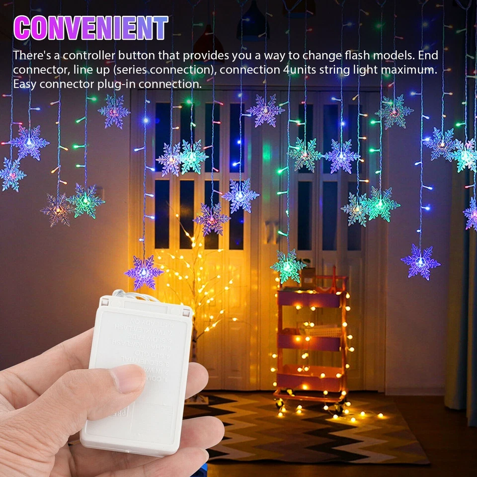 96 LED Snowflake Fairy String Lights Curtain Window 8 Modes Xmas Party Decor US - Image 3 of 4