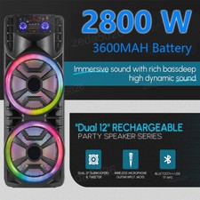 Dual 12" Portable Bluetooth Speaker 2800W Rechargable Party Karaok System W/Mic