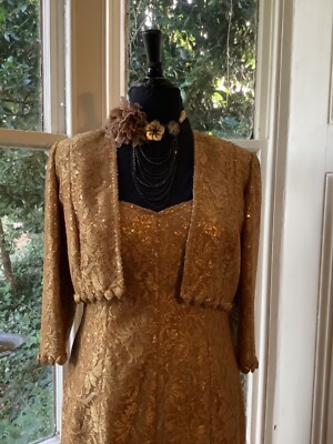 Tom Bowker Gold Lace Occasion Evening Lace Fishtail Dress And Jacket Fit 10  /12 | eBay UK