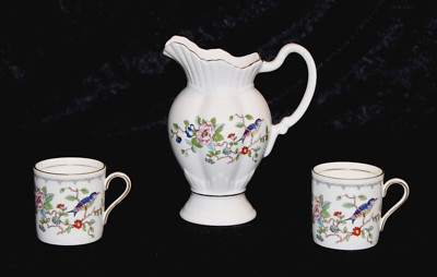 Aynsley Pembroke Pitcher Demitasse Cups Floral Bird Bone China England Lot of 3