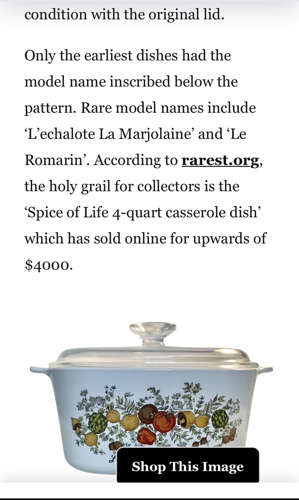 VTG CORNING WARE SPICE OF LIFE “L’ECHALOTE La SAUGE” 4QT CASSEROLE DISH