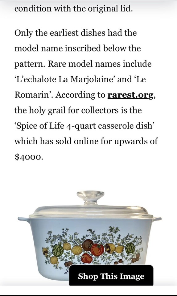 VTG CORNING WARE SPICE OF LIFE “L’ECHALOTE La SAUGE” 4QT CASSEROLE DISH