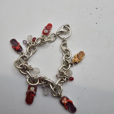 AJMC Silver Tone Charm Bracelet With Sandals Flip Flops Enamel Beach Boho
