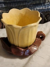 Vintage McCoy Yellow Tulip Planter Sitting Inside A Brown Leaf Pottery 4 1/4"T
