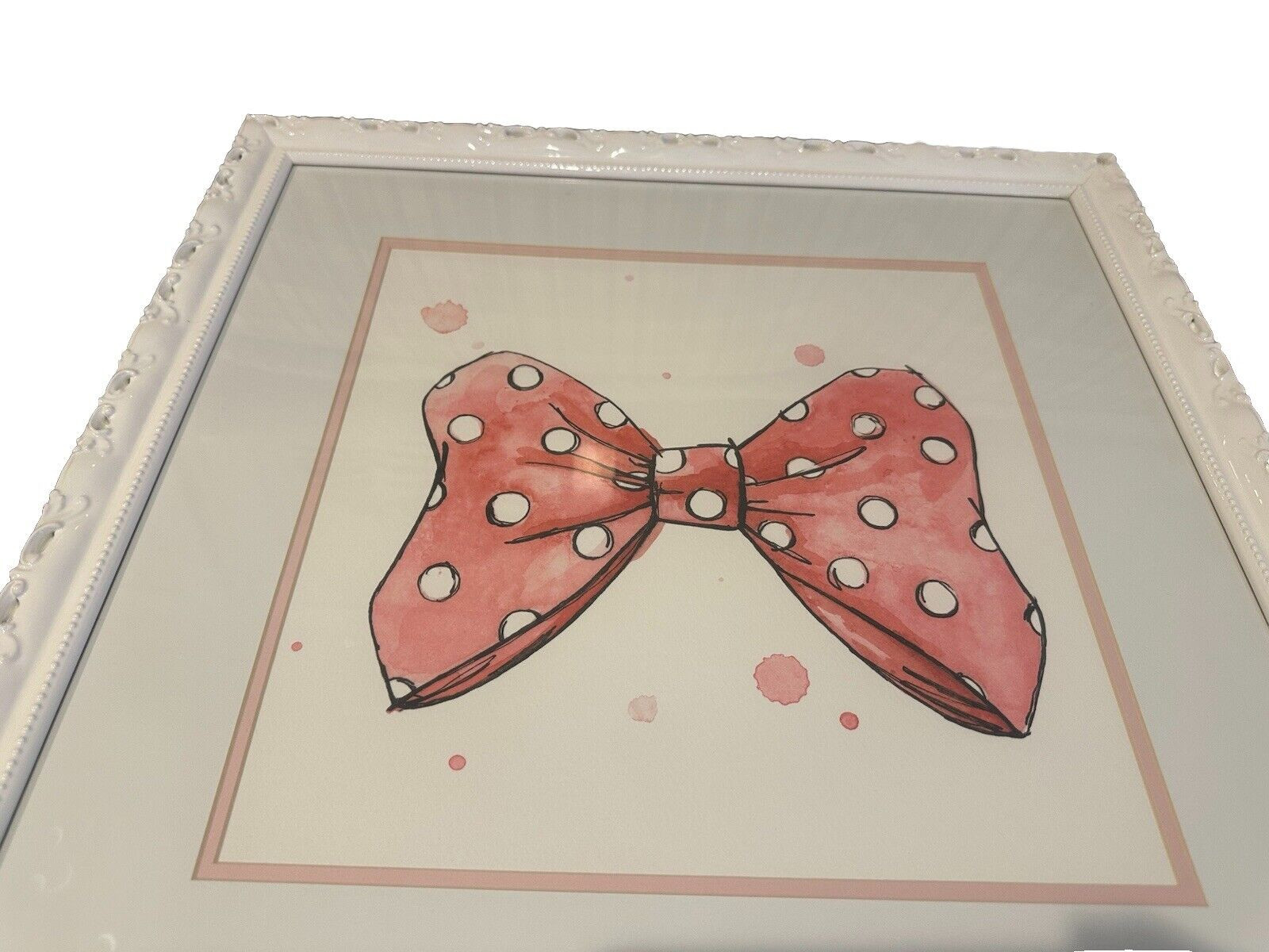 ETHAN ALLEN BOW I DISNEY Print 23 x 23" Minnie Mouse PINK Polka Dot White Frame