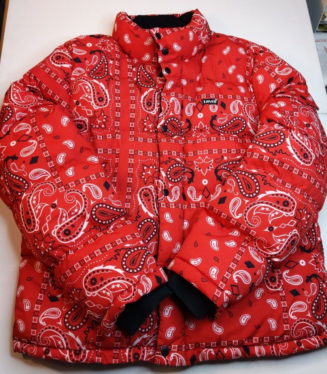 Mens Levi's Red Paisley Bandana Puffer Jacket Coat Adult Mens Levi's Red Paisley Bandana Puffer Jacket Coat Adult