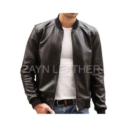 Men's Black Real Lambskin Leather Bomber Jacket Classic Retro Biker Zipper Coat