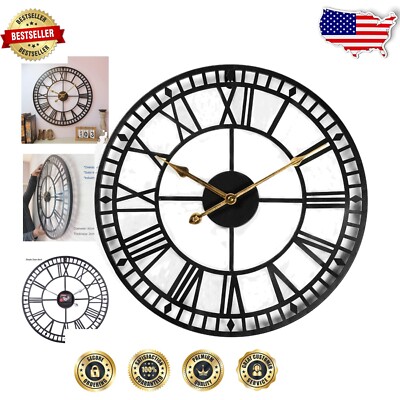 Elegant 24-Inch Silent Battery Operated Wall Clock - Industrial Black Decor