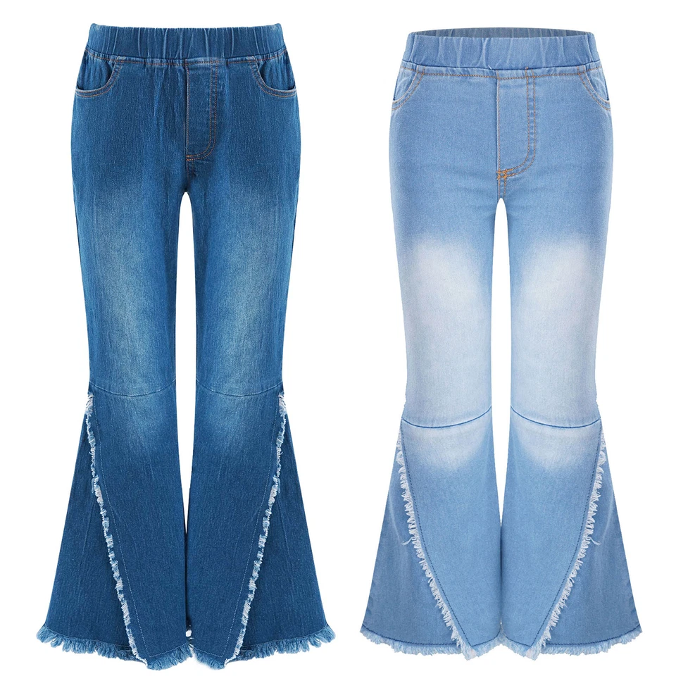 Mädchen Elastischer Bund Jeanshosen Schlaghose Zerrissene Denim Hose Gr. 104-164 - Bild 3 von 4