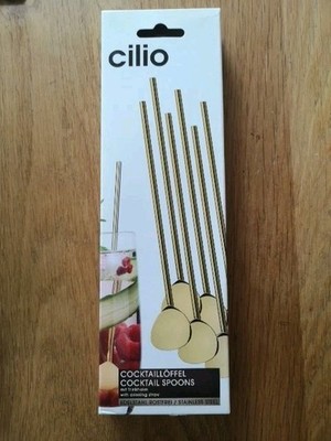 Cilio - Cocktaillöffel mit Trinkhalm - Edelstahl - Gold - 6er Set - NEU + OVP 