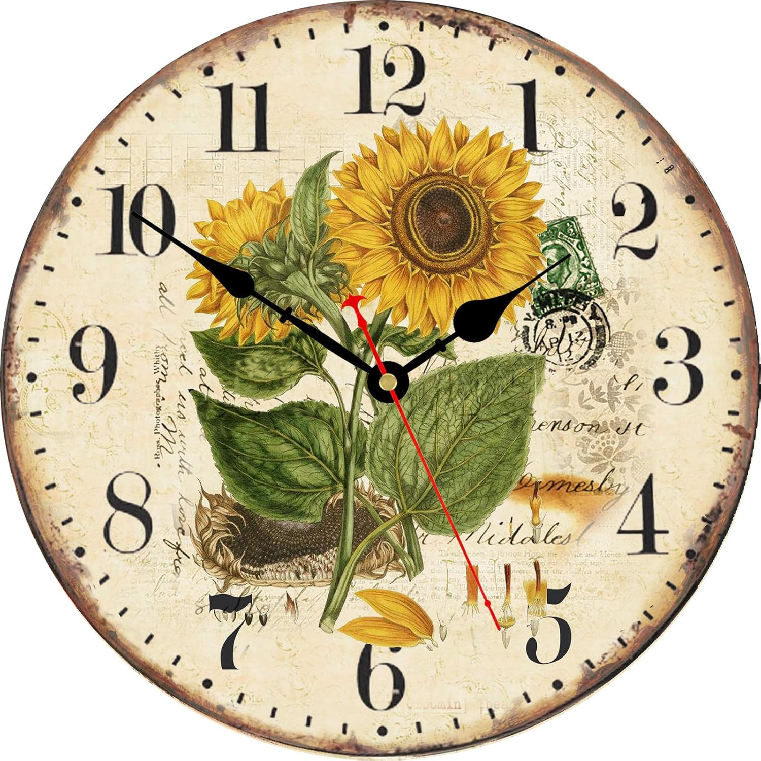 TAHEAT 8 Inch Summer Sunflower Wall Clock, Retro Rustic Floral Battery Operated 