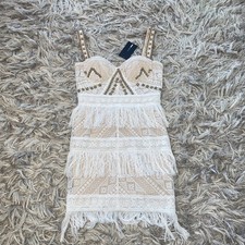 White Beige Lace Beaded Fringe Mini Dress Sleeveless, Size L, does not stretch