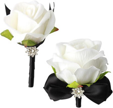 Rose Corsage and Boutonniere Set for Weddings and Events Black  White 