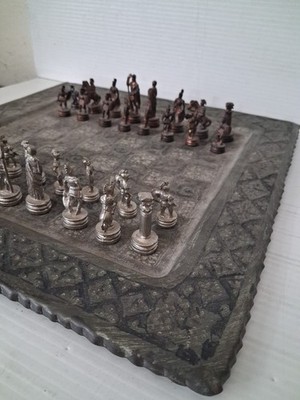 vintage Greco Turkish metal figurine chess set 12.5 inch tray