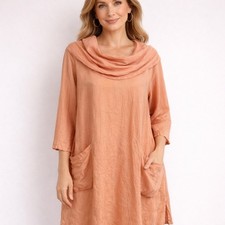 Match Point Linen Tunic Dress M Coral Lagenlook Cowl Neck Pockets USA