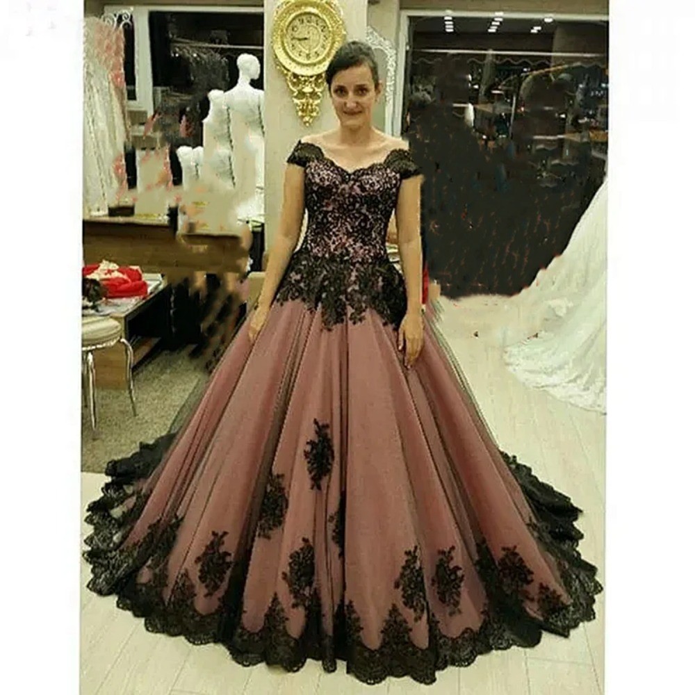 dusty pink and black dress Black And Pink Wedding Gown,Princess V-neck Bridal Gown,WD01071, US26W / White main image 0