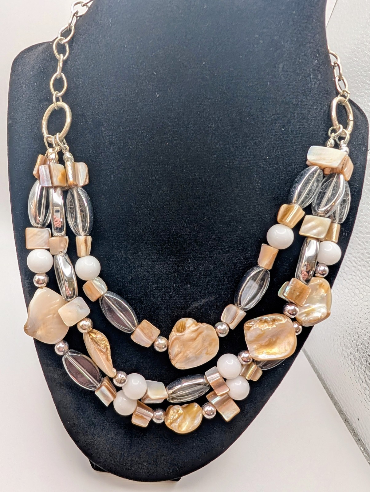 Statement Shell Bead Necklace Multi Strand Silver… - image 5