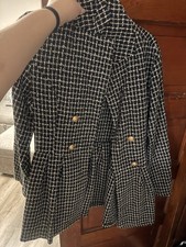 Women's Black White Plaid Collared Button Jacket Mid-Length Lined Pockets