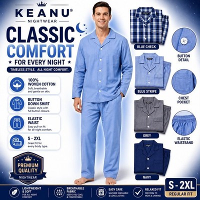 Herren Oxford Gewebt Polycotton Uni Pyjama Set Nachtwäsche Größen S - 2XL  