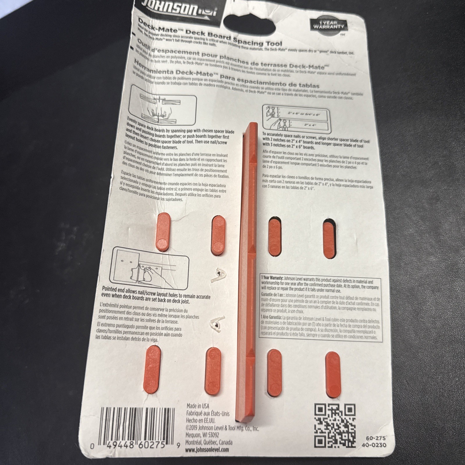 Johnson Level & Tool 60-275 DeckMate Deck Plank and Fastener Spacing Gauge