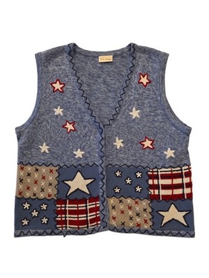 Vintage Bobbie Brooks Patriotic Patchwork Knit Sweater Vest Womens Approx M