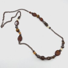 Vintage Earth Tone Beaded Necklace Copper Tone Chain Brown Boho Statement Retro