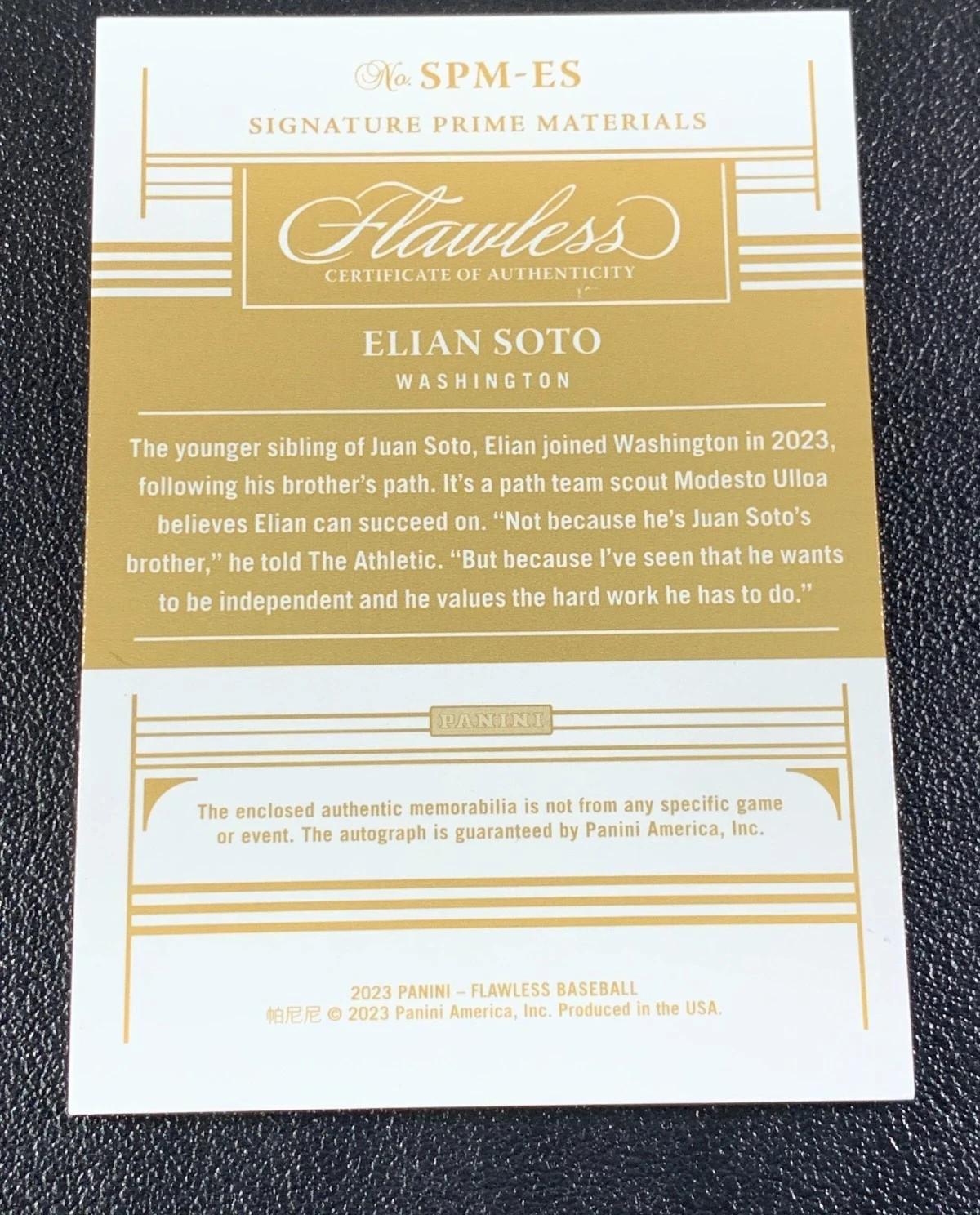 2023 Panini Flawless Elian Soto Signature Prime Materials Relic Auto 22/25 view 2