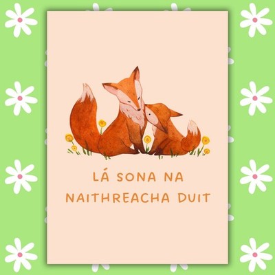Irische Vatertagskarte Lá sona na nAithreacha duit süßer Fuchs Papa gälische Sprache