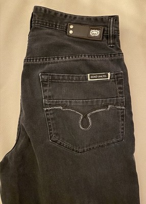 Ecko Unltd Jeans Mens 38x32 Black Baggy Fit Y2K Selvage Denim Pants