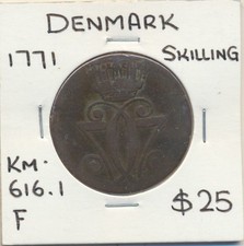 Denmark: 1771 Christian VII Skilling KM-616.1 Fine 