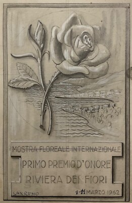 SANREMO FLORAL EXHIBITION FIRST PRIZE...1962 PAPER SKETCH ADVERTISING PLAQUE