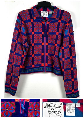 Michael Simon Knit Zipper Up Sweater Jacket Rainbow Multicolor Vintage 1996 EUC