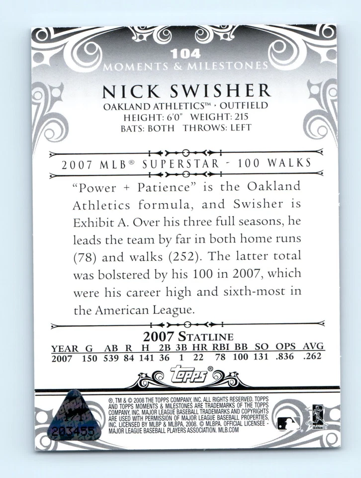 Topps Moments & Milestones #104 2007 Nick Swisher 1/1 Foto 2 de 2