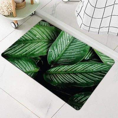 Bath Mat Rug-Green Plant Leaves Pattern Rubber Non Slip Quick Dry Super Absor...