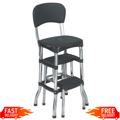 Retro Counter Chair Step Stool Vinyl Home Workshop Shop Kitchen Durable Black