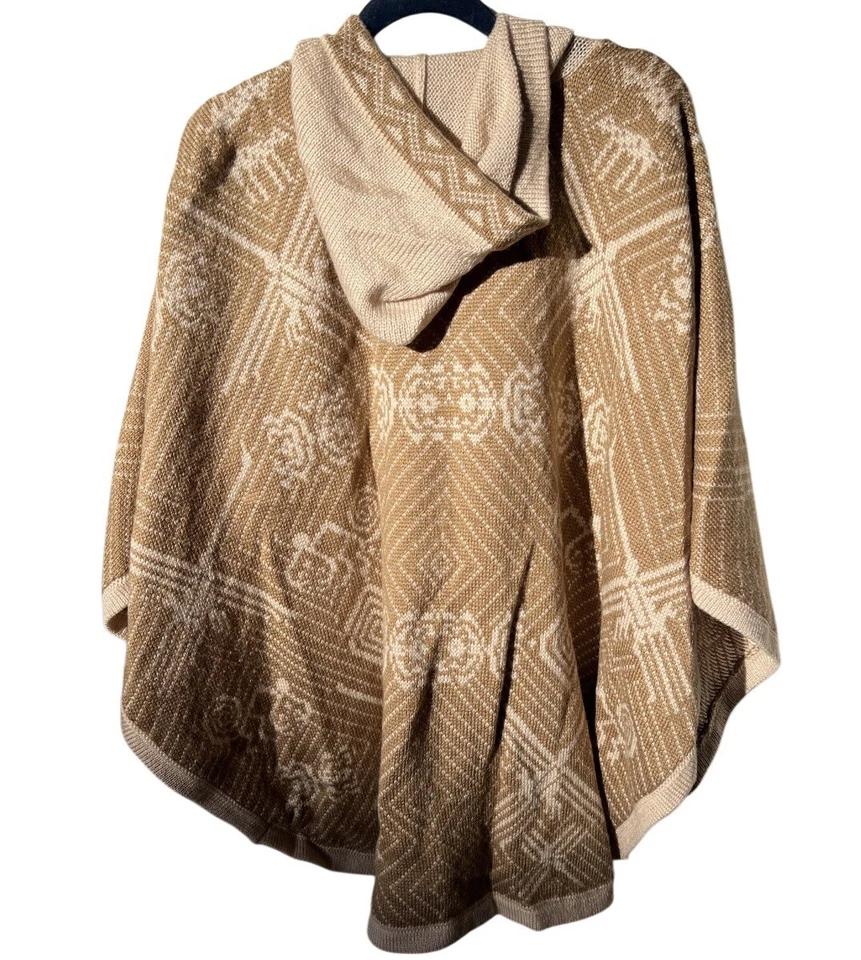 Women's Alpaca Wool Hooded Knit Yarn Cape Coat Poncho - Wooden Buttons - Image 3 of 3