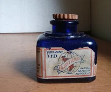 COBALT BLUE 3 OZ JASMINE INK NORFOLK,VA LABELED EARLY 1900 INK BOTTLE & STOPPER