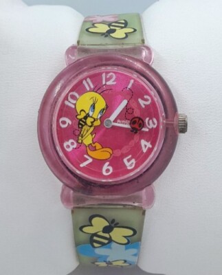 Women Armitron Tweety Bird Watch Translucent Pink Case Bees & Ladybug Second Mov