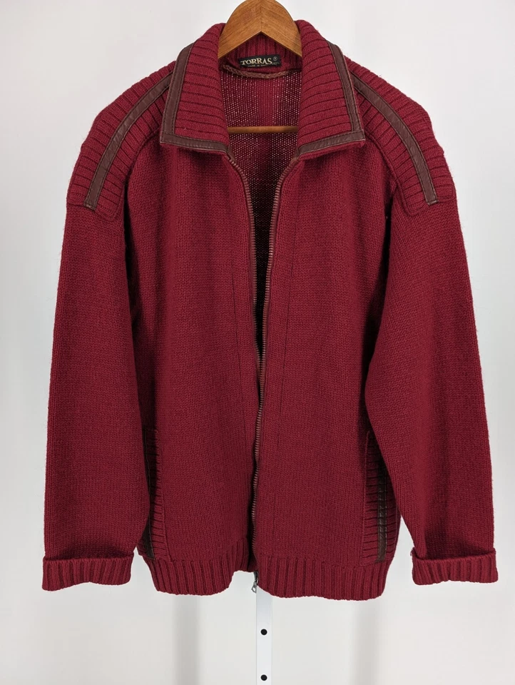 Vintage 70s 80s Mod Paneled Italian Knit Leather Spain Zip Sweater Jacket 50 EU - Image 3 of 4