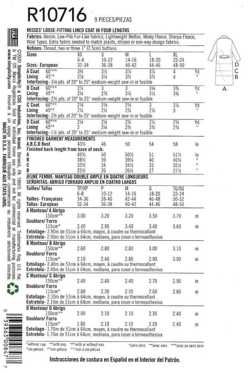 Simplicity R10716 One-Button Coat w Lapels, 4 Lengths Sz 6