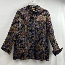 Sun N' Sand Jacket Floral Quilted Velvet Button Up Purple Brown Boho size Small