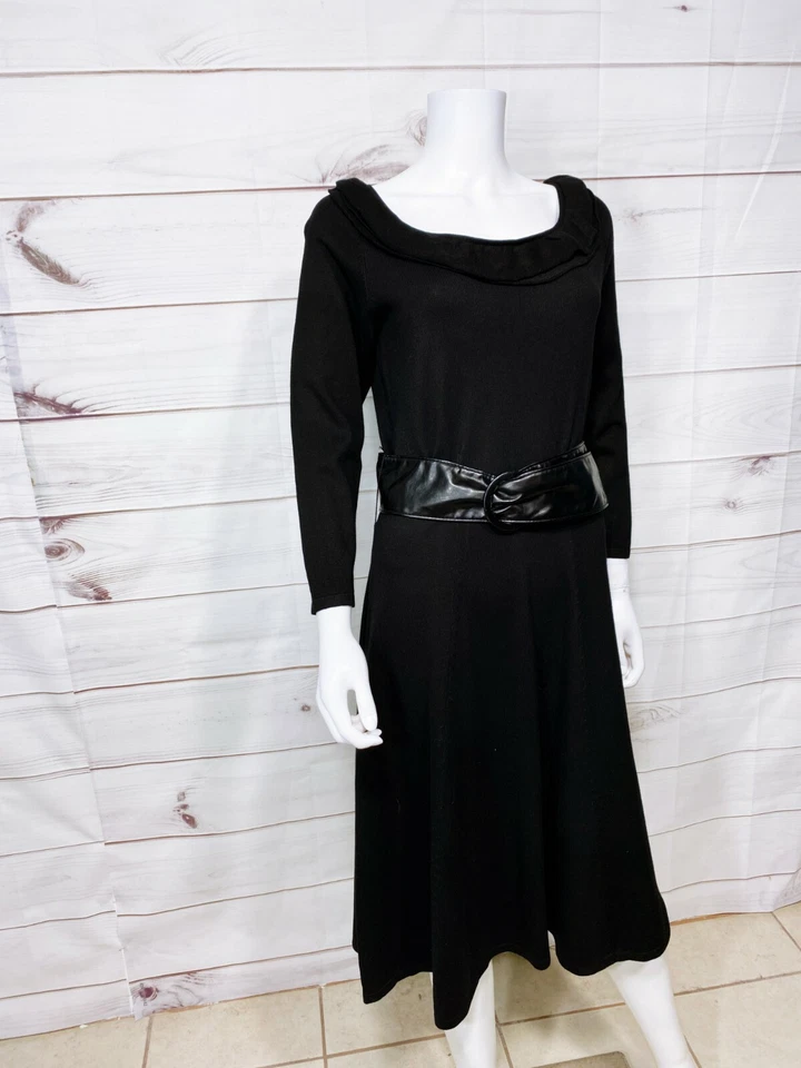 Vestido tejido con cinturón Madison Leigh para mujer M negro elástico hasta la rodilla manga larga Foto 3 de 4