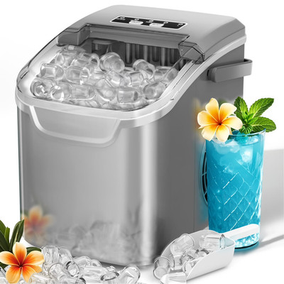 Auseo Countertop Ice Maker, 2 Sizes of Bullet Ice, 26Lbs/24H, 8 Ice Cubes, Grey